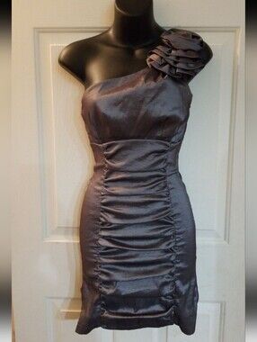 One-Shoulder Charcoal Gray Cocktail Dress with Rosette Accent